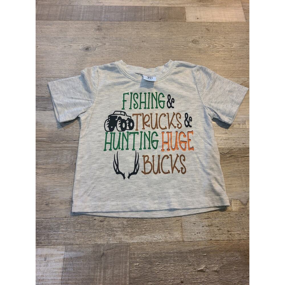 Jasie Blanks boy's fishing& trucks& hunting huge bucks T-shirt size 3T